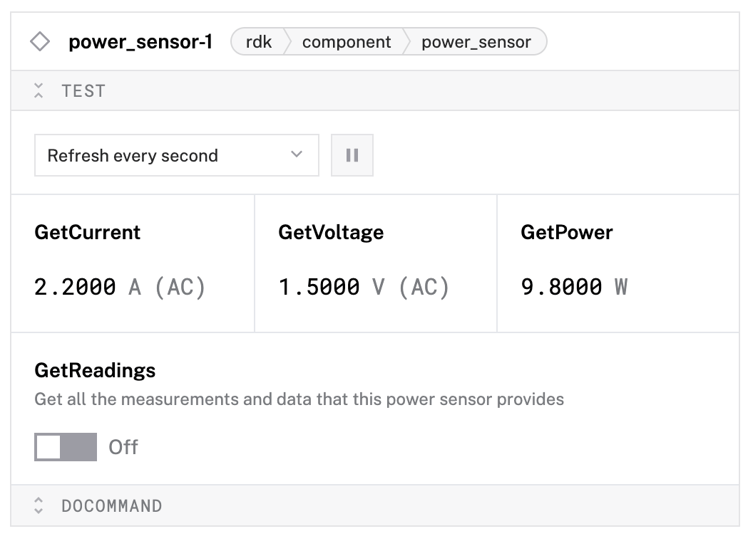 An instance of the power sensor component's test panel with voltage, current, and power readings.