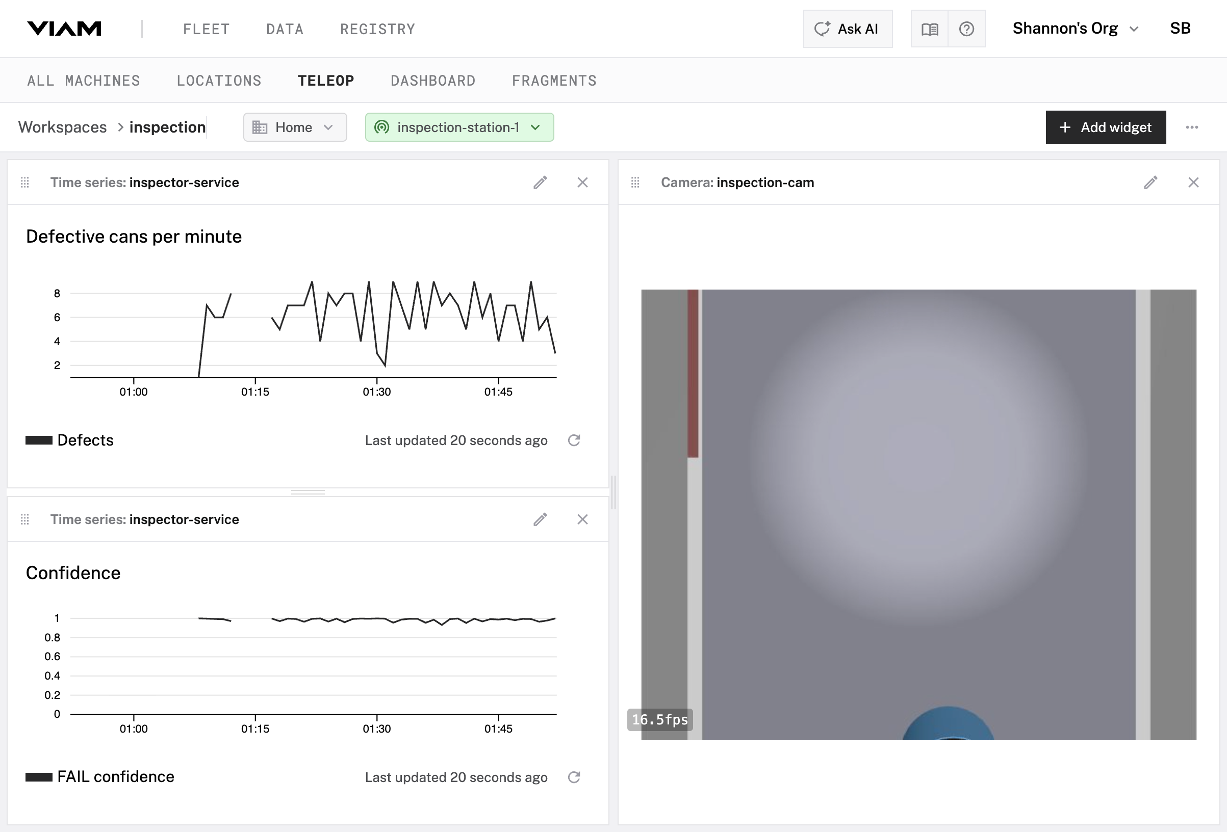 Finished dashboard showing Defective cans per minute graph, Confidence graph, and live camera stream.