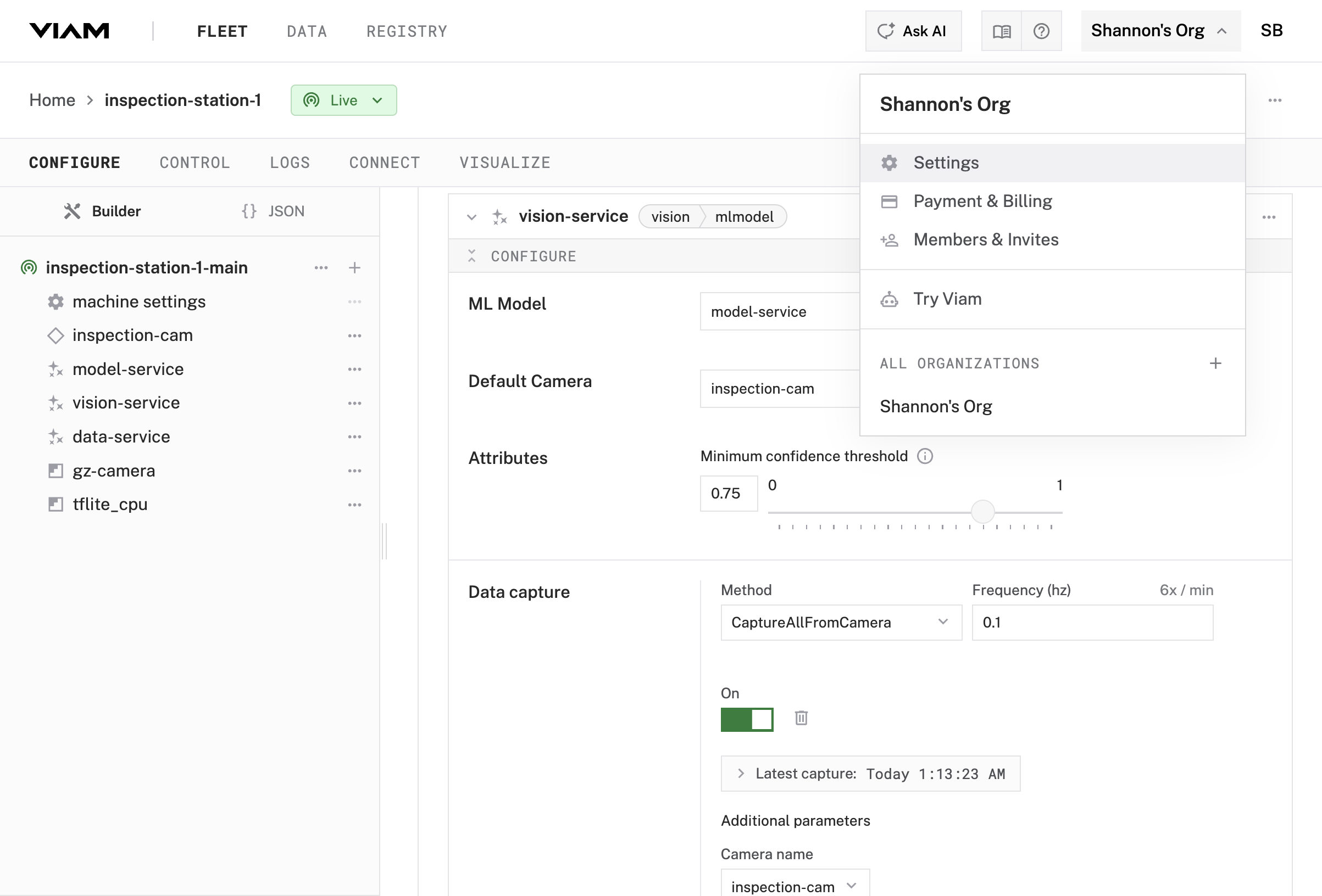 Organization dropdown menu showing Settings option.
